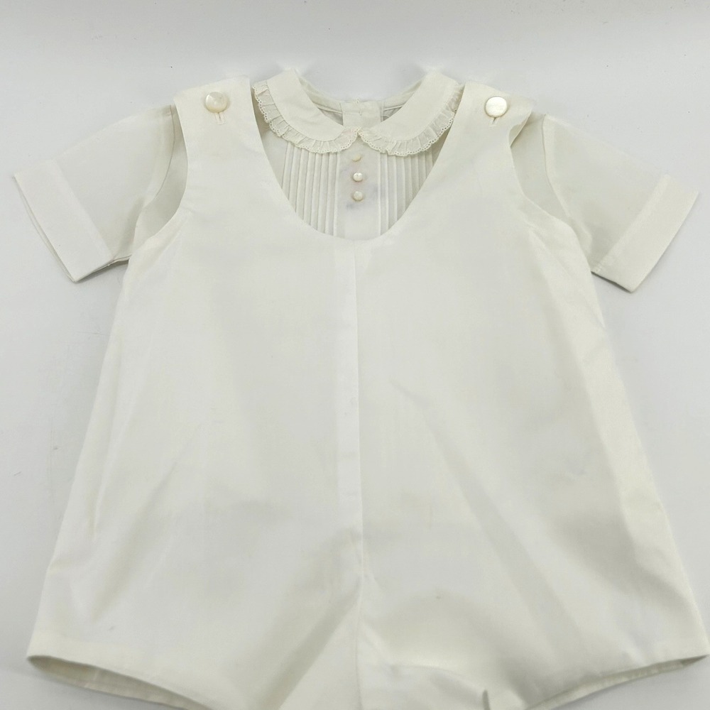 Vintage Neiman Marcus Baby Ivory 2 Piece Romper Set XL Peter Pan Collar Pleated